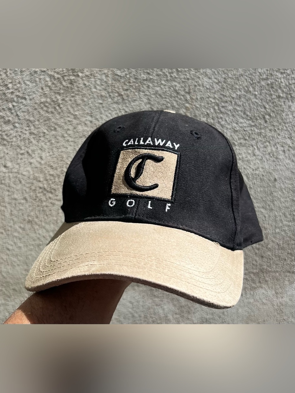 Vintage 90's Callaway Golf Sports Specialties Suede Black Tan Buckle Slide Hat